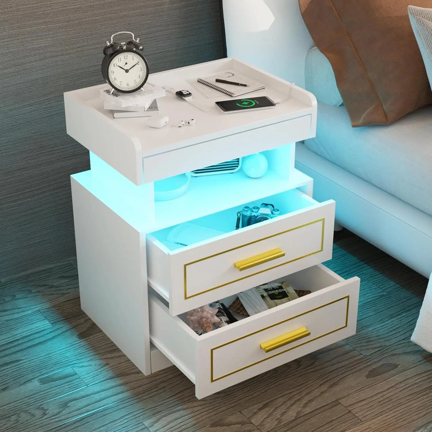 Modern Bedside Table with 2 Drawers Drawer Bedside Table with Charging Station and LED Light 